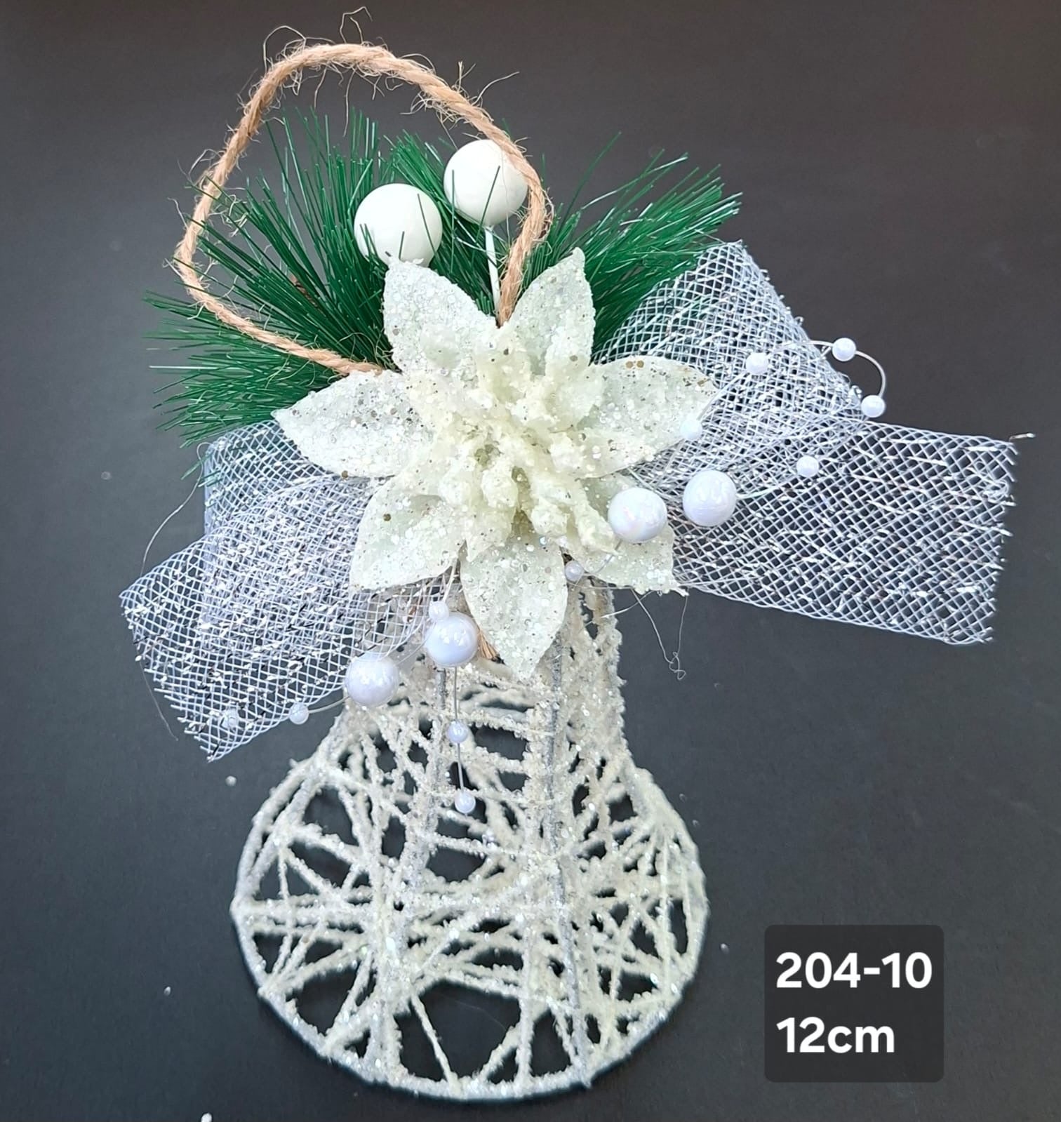 Clopoțel decorativ Crăciun alb cu floare și perlute - 12cm 5/set